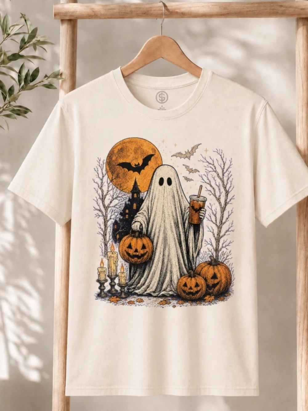 Gildan Off White Halloween Ghost & Pumpkin Tee